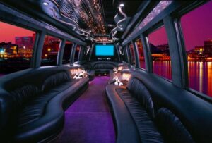 Inside view of a large party bus seating 16 guests. Santa Rosa Limo fleet picture of the cabin.