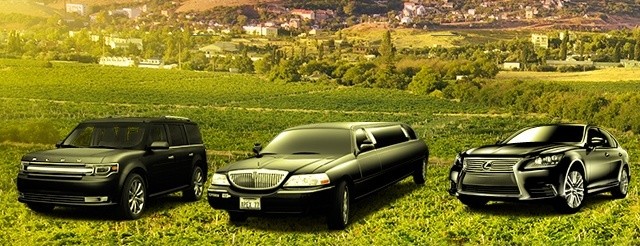 Limousines with backdrop of california wine country showing vehicle images of Santa Rosa Limos fleet of luxurious vehicles, sedans, suvs, party buses, and town cars, MKZ, escalades, and exotic vehicles for rent.